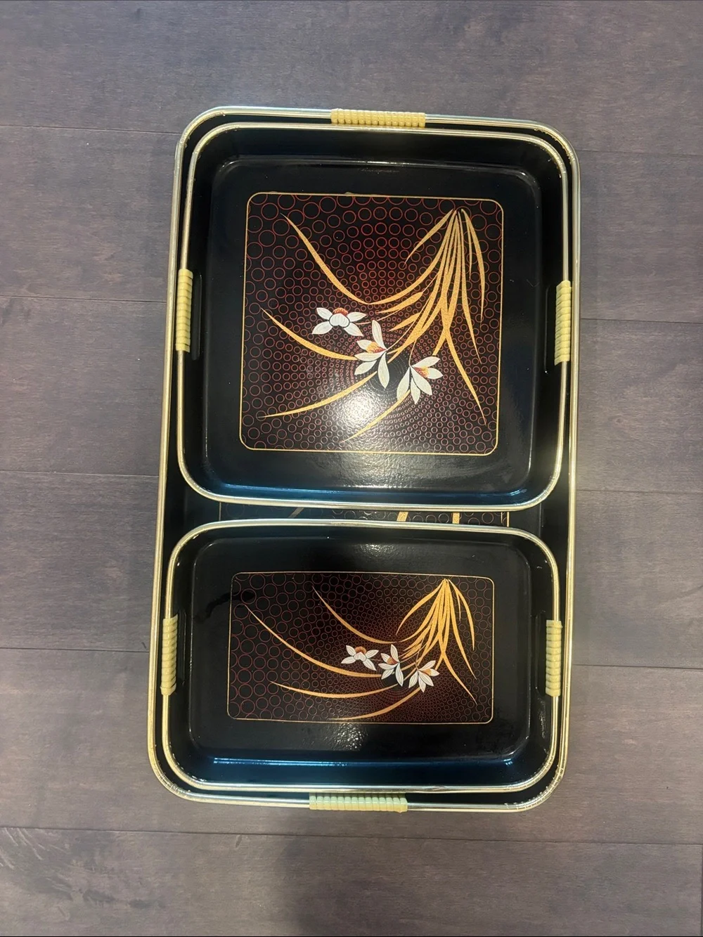Vintage Black and Gold Japanese Decorative Serving Tray Set